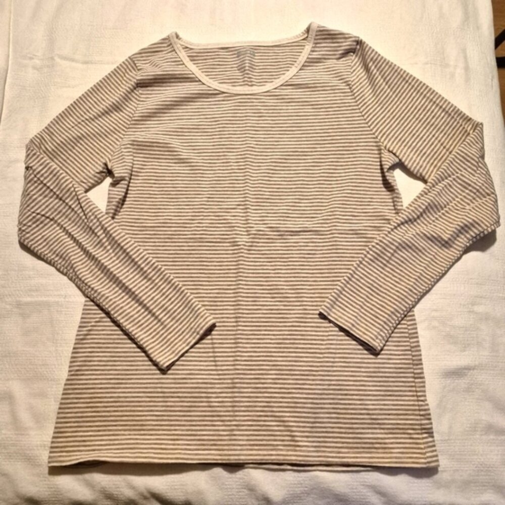 Duluth Trading Company women's size XL beige & tan stripe No Yank shirt VGUC